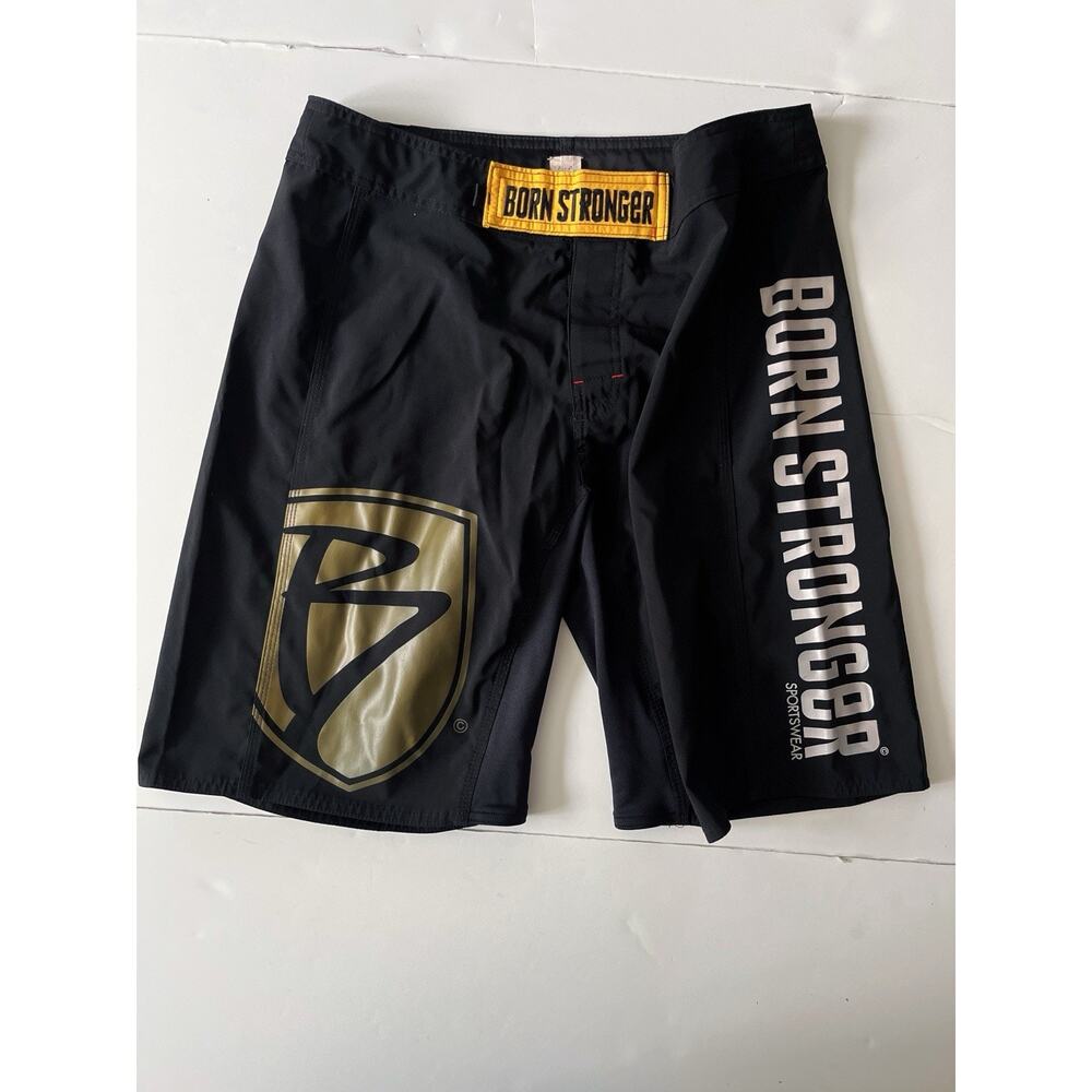 Born Stronger Fight Shorts Men 34 Black Gold Metallic Combat Sport Breathable